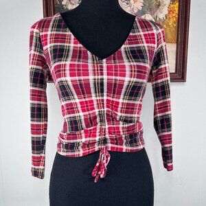 Guess Crop Top Shirt Women's Small V-neck Red Plaid Tie Accent Casual